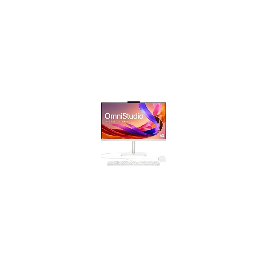 HP OmniStudio 24" Full HD All-in-OneDesktop Computer, 16GB DDR5 RAM, Intel Quad-Cores, 128GB SSD, WiFi6, Keyboard & Mouse, Windows 11