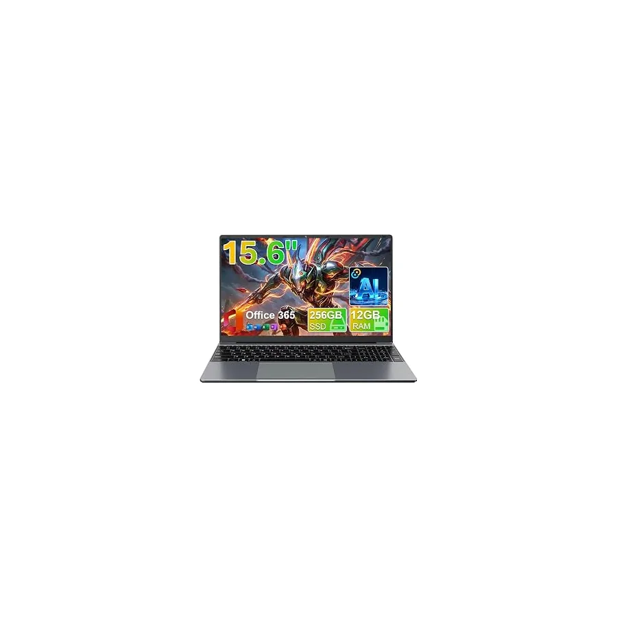 15.6" FHD IPS Student Laptop, AI Assistant Included, Office 365 | 12GB RAM 256GB SSD, J4105 Quad-Core Processor, 180° Lay-Flat, WiFi 5, Bluetooth, USB 3.2, 53.2Wh Battery, Thin & Lightweight