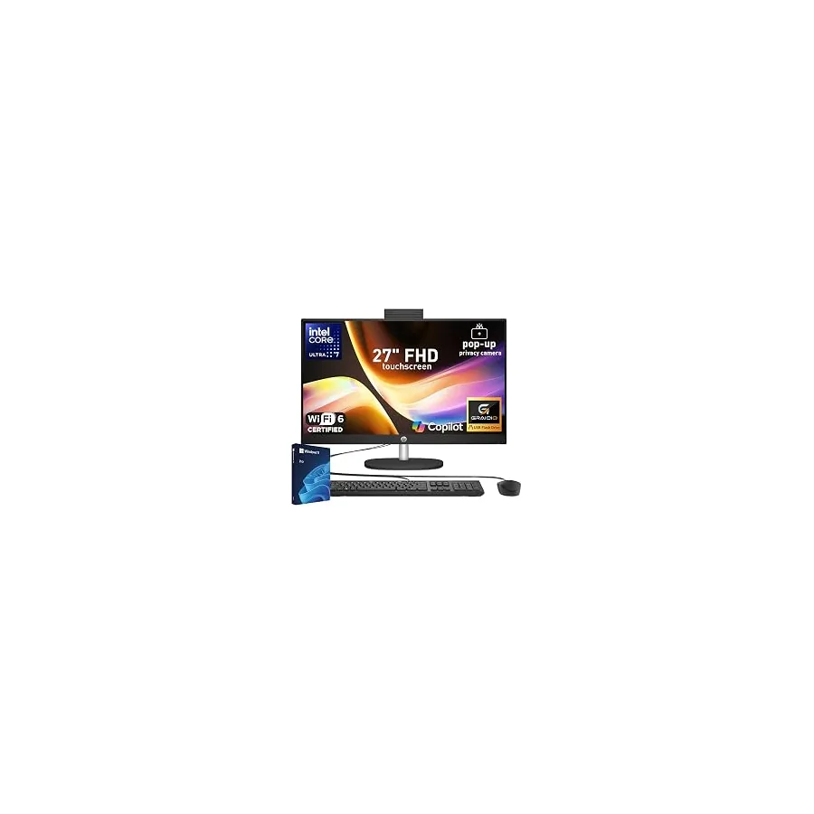 HP Essential 27" FHD Touchscreen All-in-One, Intel Ultra 7 255U, 64GB DDR5 + 2TB SSD, Wi-Fi 6, Privacy Camera, Wired Keyboard and Mouse, Copilot AI, RJ-45, Win 11 Pro