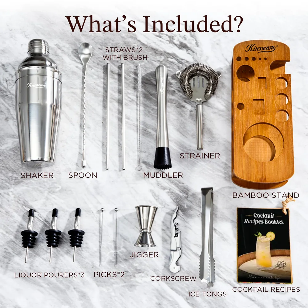 KITESSENSU Cocktail Shaker Set Bartender Kit with Stand | Bar Set Drink Mixer Set with All Essential Accessory Tools: Martini Shaker, Jigger, Strainer, Mixer Spoon, Muddler, Liquor Pourers |Silver image 2