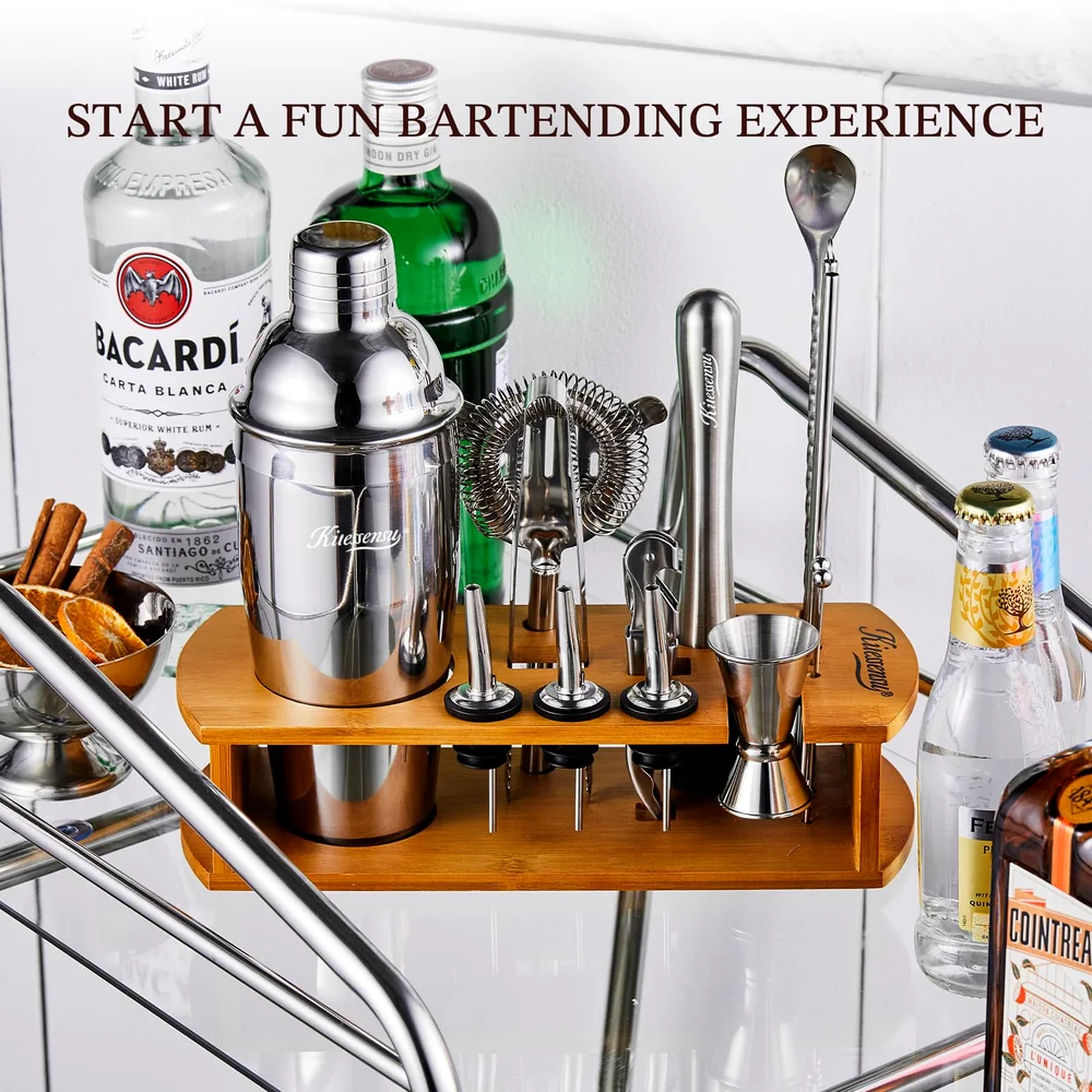 KITESSENSU Cocktail Shaker Set Bartender Kit with Stand | Bar Set Drink Mixer Set with All Essential Accessory Tools: Martini Shaker, Jigger, Strainer, Mixer Spoon, Muddler, Liquor Pourers |Silver image 4