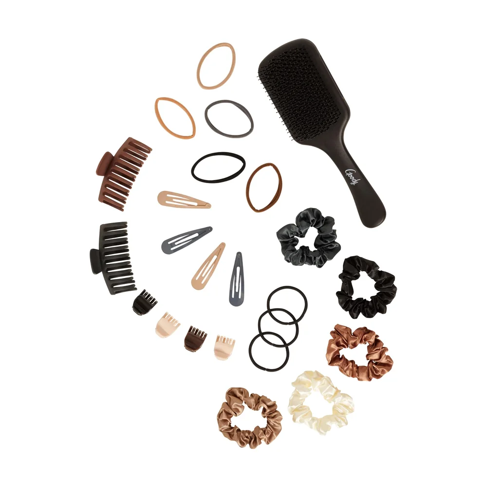 Goody Hair Accessories Kit, Everyday Essentials for Women - 51 PC Neutral Color Set for All Types - Ouchless Damage-Free Ties, SlideProof Claw Clips, Snap Clips, Scrunchies, Tanglefix Brush image 2