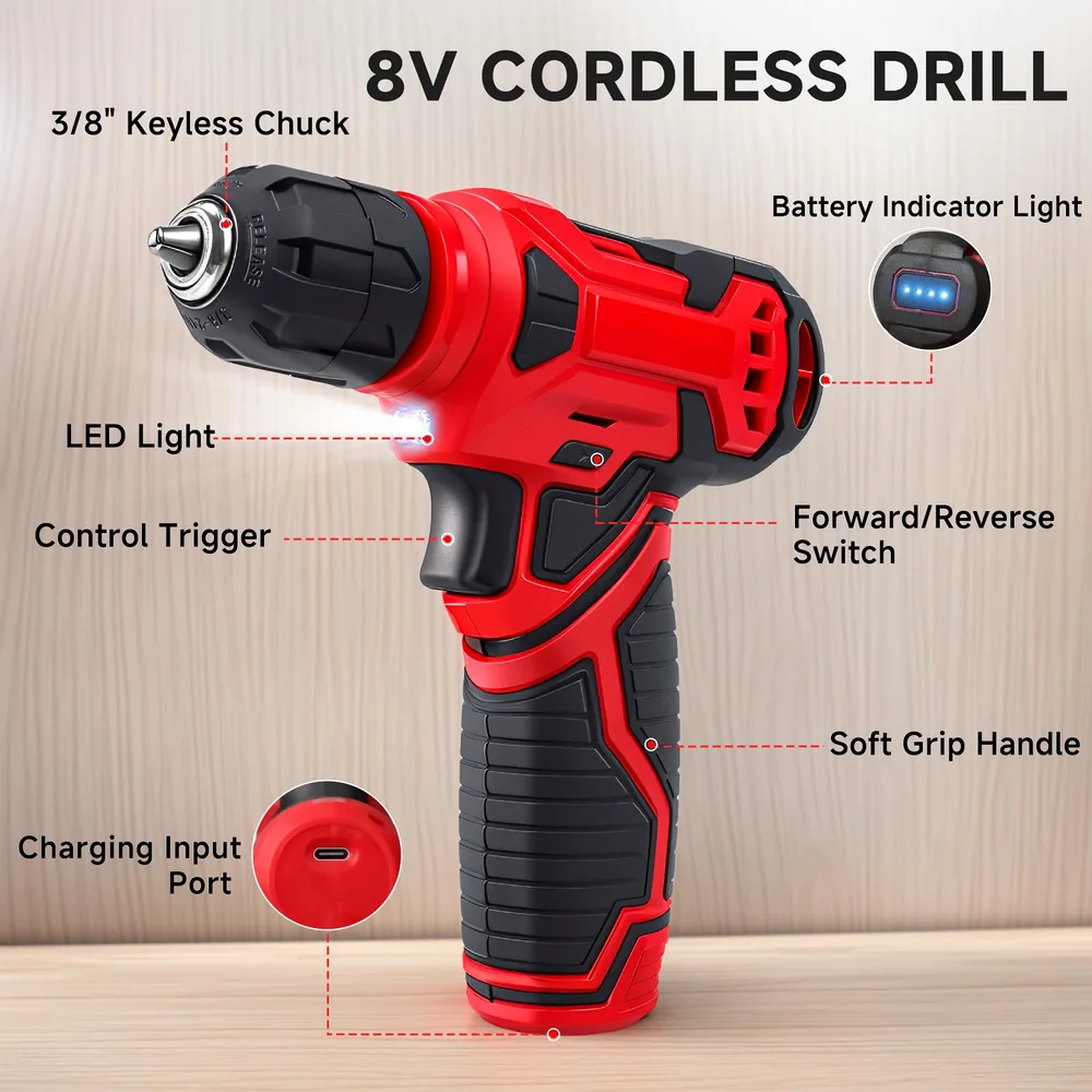 8V Cordless Drill Set, 132-Piece Home Tool Set for DIY & Home Improvement image 4