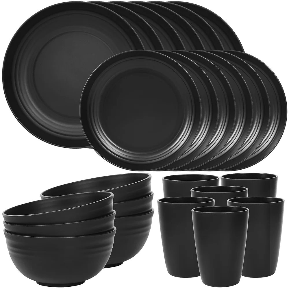 Quatish 24 Piece Plates and Bowls Sets for 6, Unbreakable Dinnerware Sets, Dish Set for Camping, Dishwasher Microwave Safe, Outdoor Kitchen and Apartment Dorm Dinning RV Essentials, Black