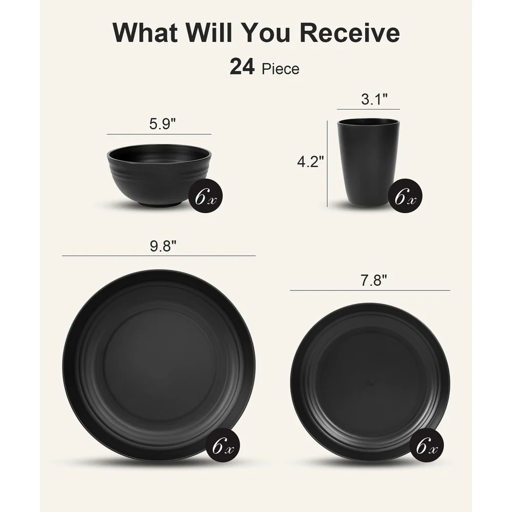 Quatish 24 Piece Plates and Bowls Sets for 6, Unbreakable Dinnerware Sets, Dish Set for Camping, Dishwasher Microwave Safe, Outdoor Kitchen and Apartment Dorm Dinning RV Essentials, Black image 2