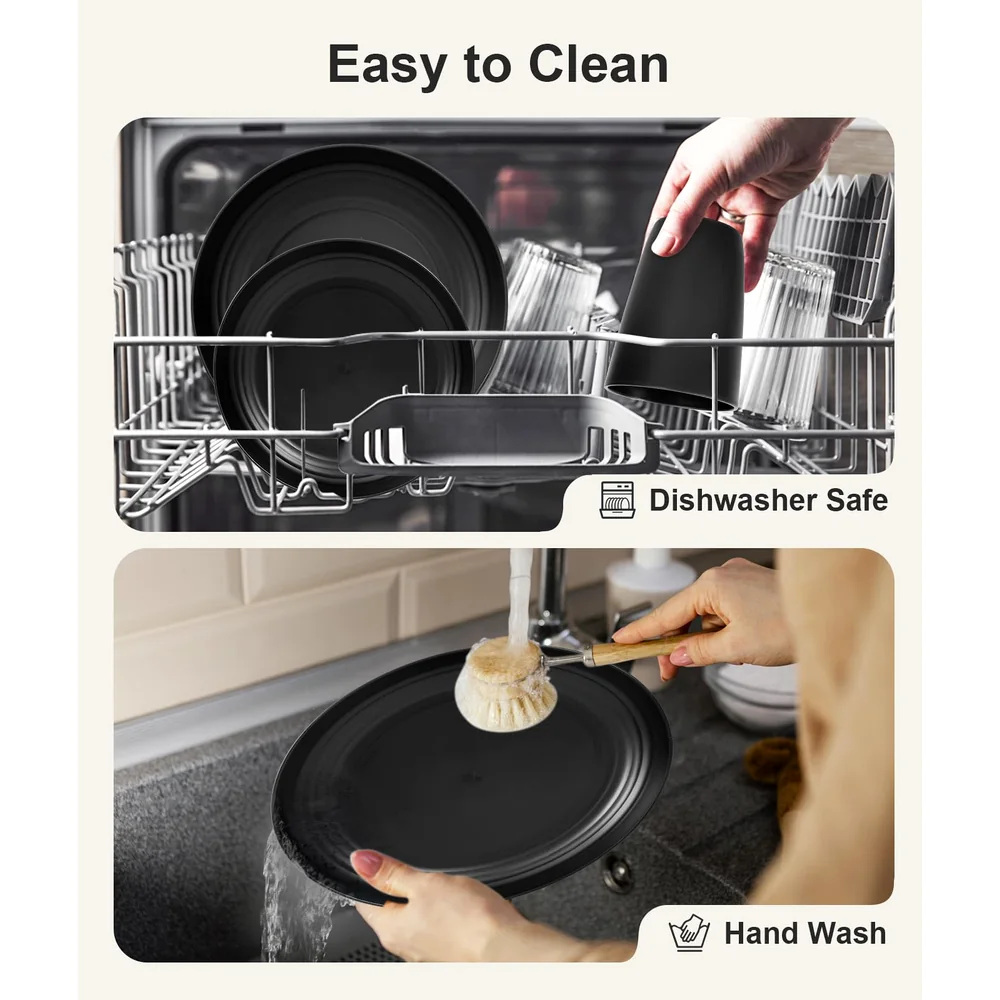 Quatish 24 Piece Plates and Bowls Sets for 6, Unbreakable Dinnerware Sets, Dish Set for Camping, Dishwasher Microwave Safe, Outdoor Kitchen and Apartment Dorm Dinning RV Essentials, Black image 4