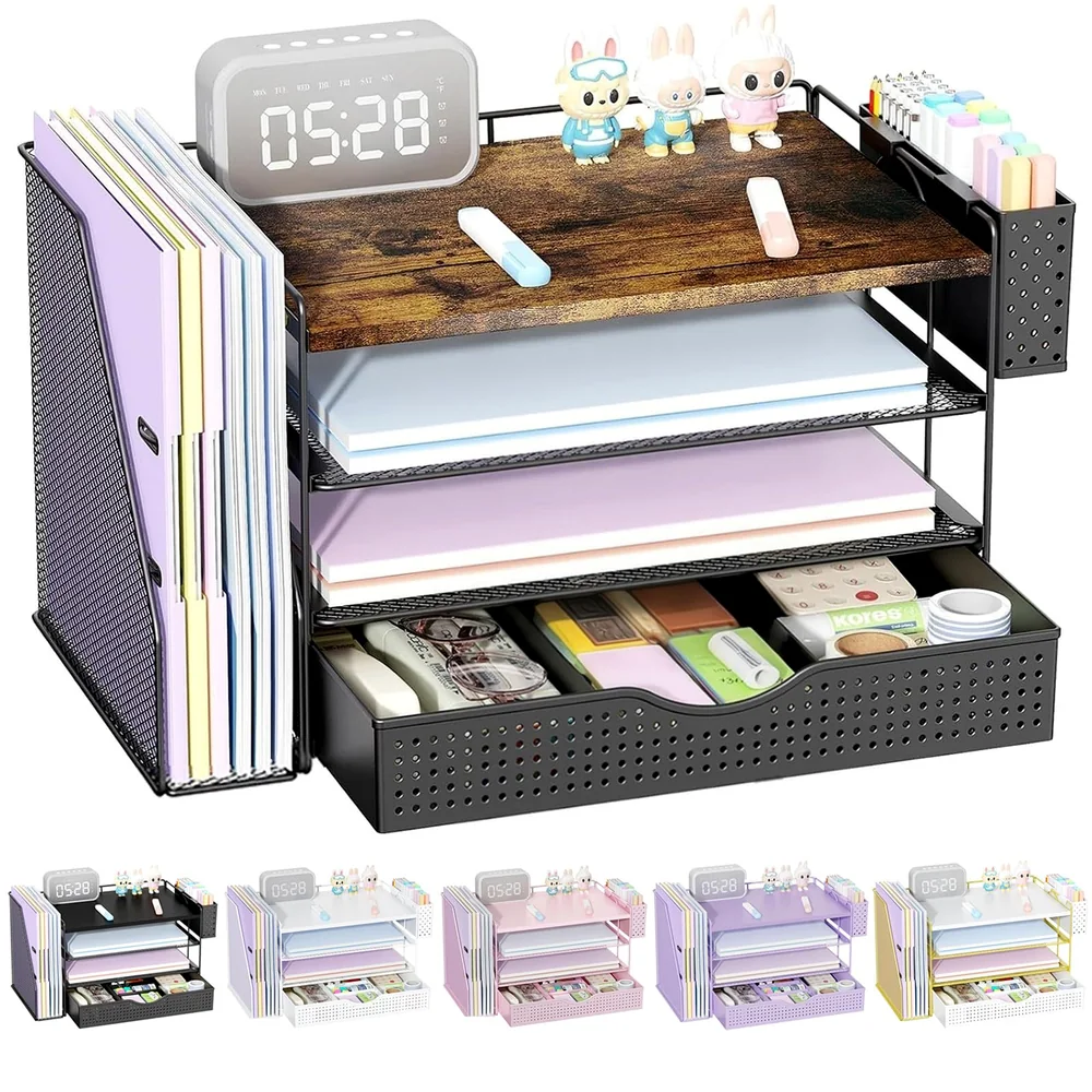 gianotter Wood Desk Organizers and Accessories with File Sorters, 4-Tier Desk Accessories & Workspace Organizers with Drawer and Pen Holder, Desk Reference Organizer (Wood, 4T with Drawer)