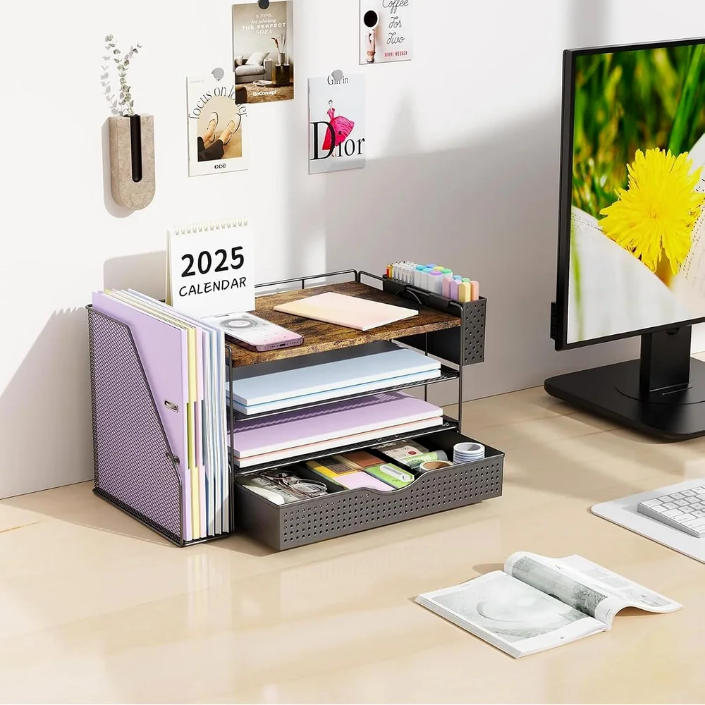 gianotter Wood Desk Organizers and Accessories with File Sorters, 4-Tier Desk Accessories & Workspace Organizers with Drawer and Pen Holder, Desk Reference Organizer (Wood, 4T with Drawer) image 3