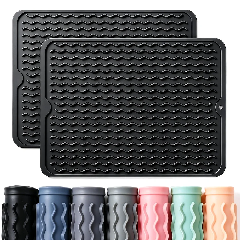 2 Pack Caketime Silicone Dish Drying Mat for Kitchen Counter Cooking Baking Coffee Bar Hot Pads Accessories Dining Home Essentials Under Sink Protector Organizers Stone Rack Trays Drain Black