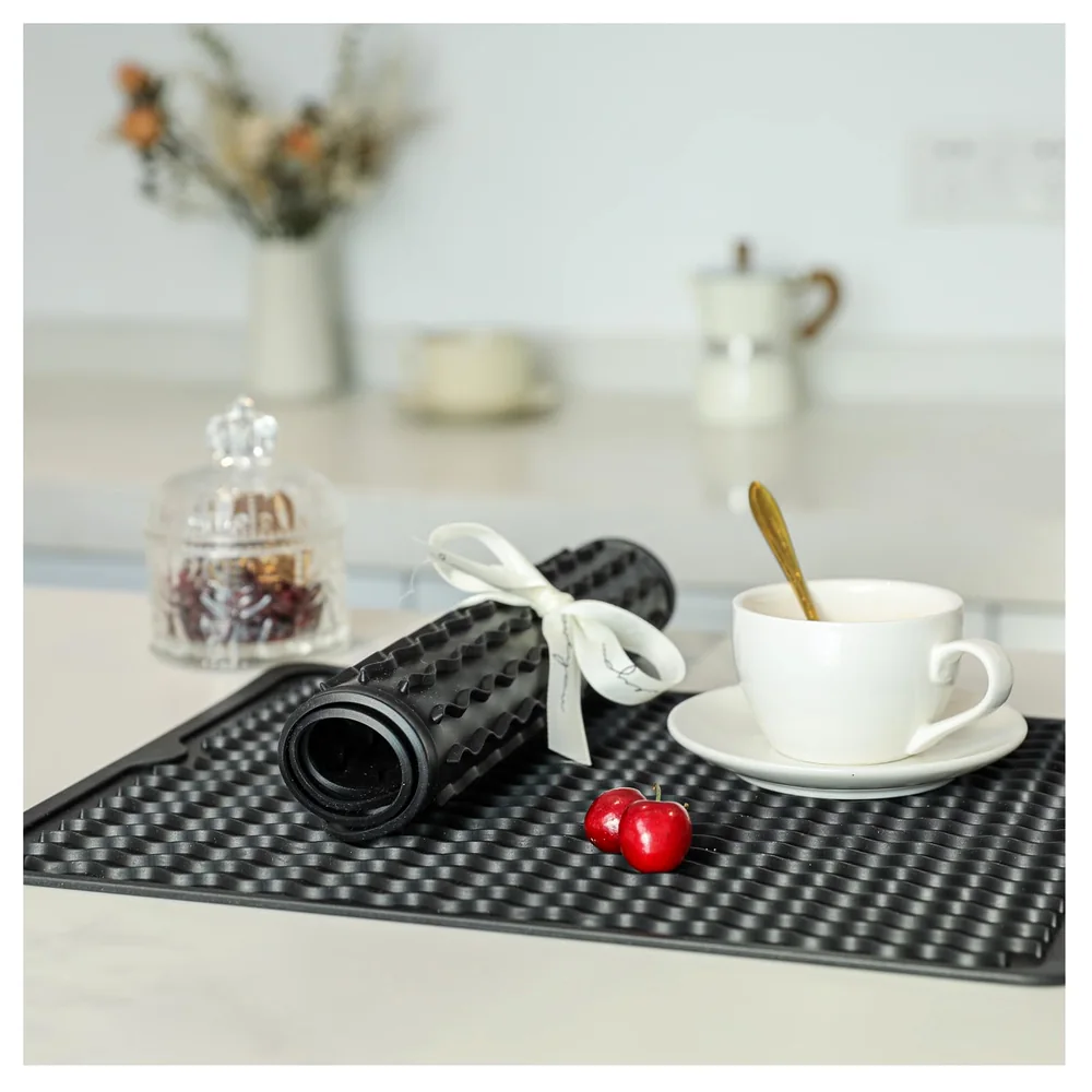 2 Pack Caketime Silicone Dish Drying Mat for Kitchen Counter Cooking Baking Coffee Bar Hot Pads Accessories Dining Home Essentials Under Sink Protector Organizers Stone Rack Trays Drain Black image 2